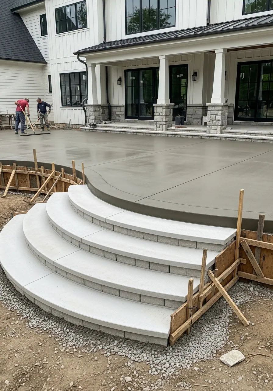 Curved concrete steps and new concrete patio built by Forte Brick and Concrete on Long Island