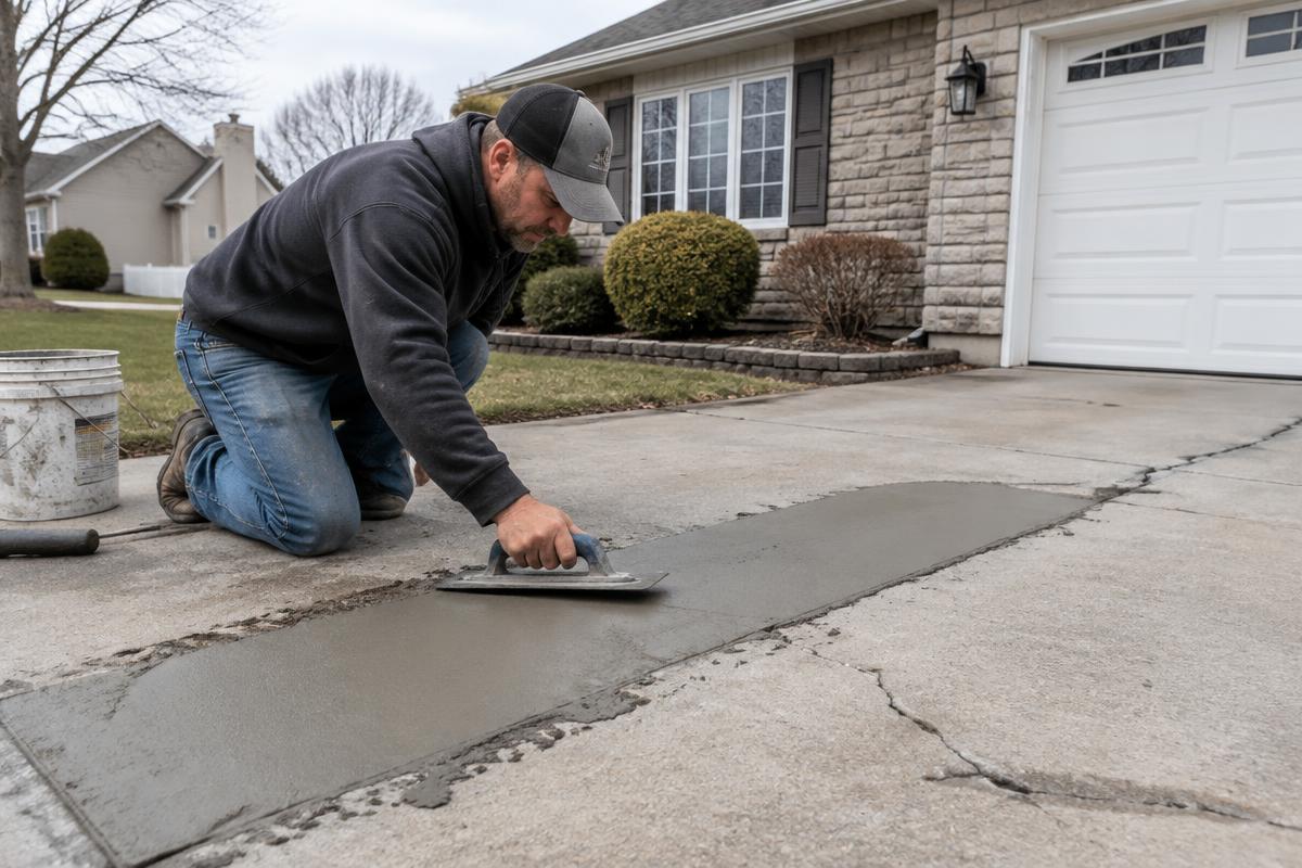 Contractor troweling a concrete repair on a residential driveway