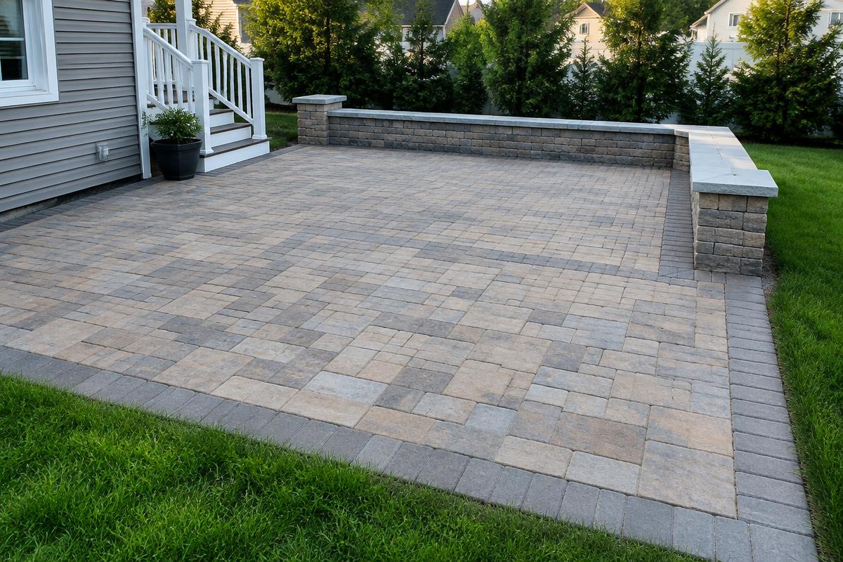 Interlocking paver patio with seat wall behind a Long Island home